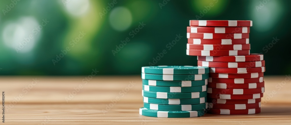 Colorful Poker Chips Stacked on Wooden Tabletop Colorful Poker Chips Stacked on Wooden Tabletop