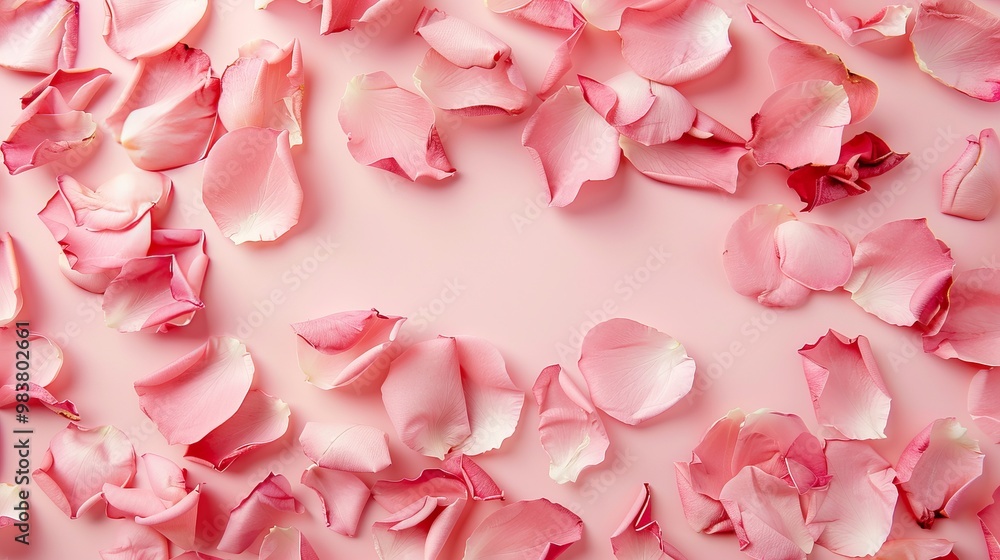 Fototapeta premium Elegant rose petal composition on soft pink pastel background, perfect for valentine’s day, mother’s day, or romantic celebration themes, flat lay design with copy space for greeting cards, invitation