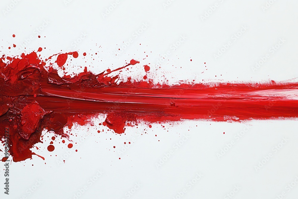 A dramatic horizontal streak of red paint splatter on a white background A dramatic horizontal streak of red paint splatter on a white background