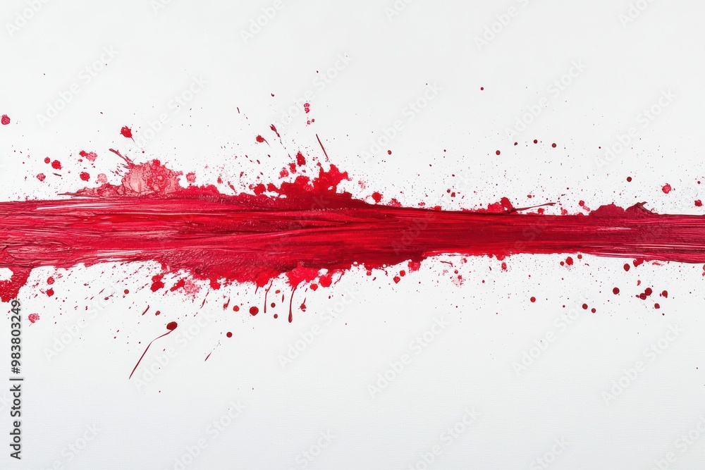 A dramatic horizontal streak of red paint splatter on a white background A dramatic horizontal streak of red paint splatter on a white background