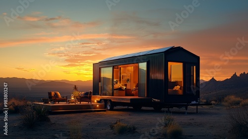 A minimalist tiny home on wheels parked at the edge of a desert, with solar panels and a bohemian-style outdoor setup, under the golden afternoon sun photo