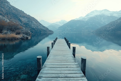 Wooden Dock Extending into a Tranquil Lake Surrounded by Snow-Capped Mountains