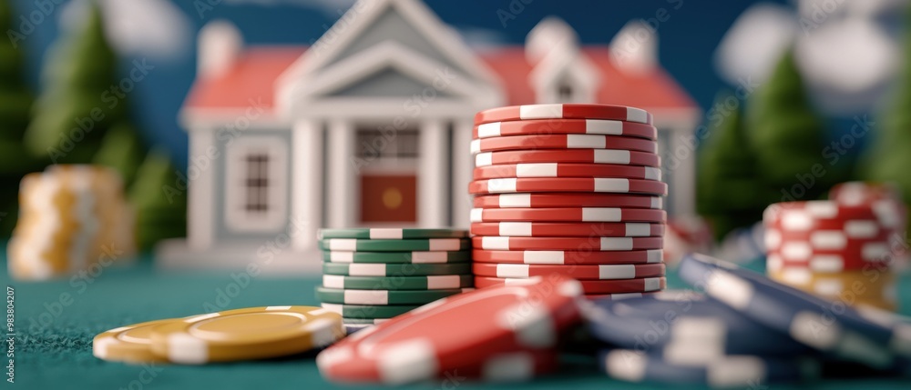 Colorful Chips and House Model in Casino Environment Colorful Chips and House Model in Casino Environment