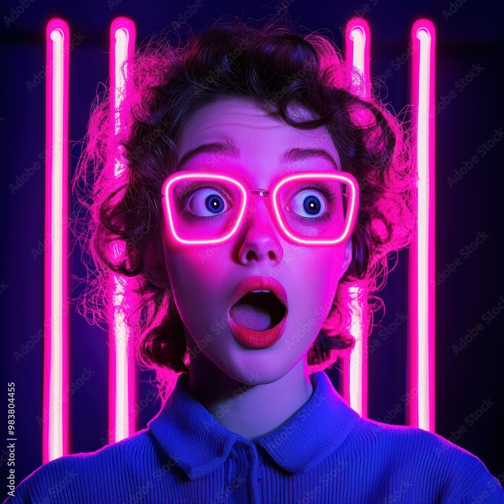 Surprised expression with neon lighting effects Surprised expression with neon lighting effects