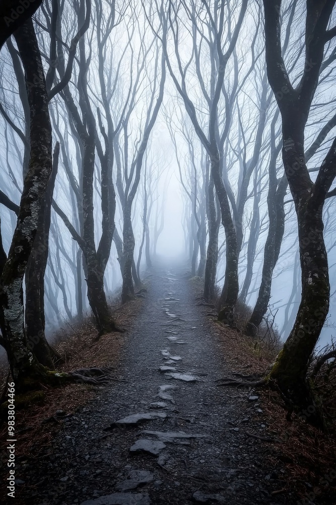 Obraz premium A narrow forest trail shrouded in thick fog, with trees towering on both sides, creating a mysterious atmosphere