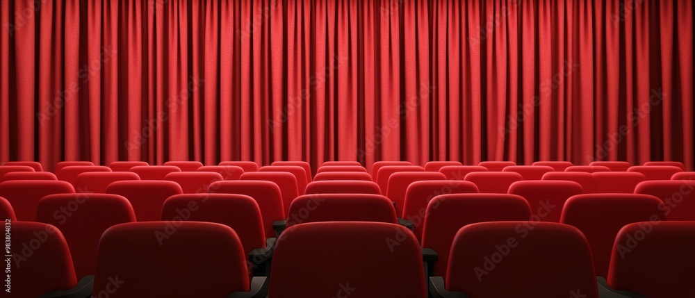 Fototapeta premium Red Theater Curtains with Empty Seats in Cinema Hall