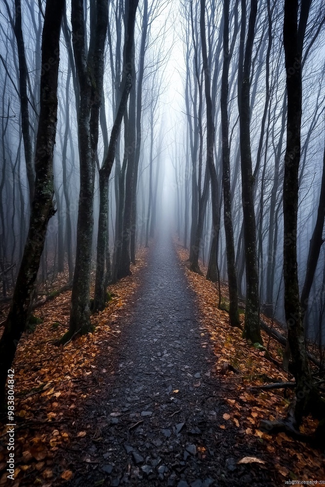 Fototapeta premium A narrow forest trail shrouded in thick fog, with trees towering on both sides, creating a mysterious atmosphere