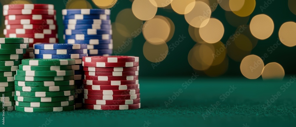 Colorful Poker Chips with Blurred Background Lights Colorful Poker Chips with Blurred Background Lights