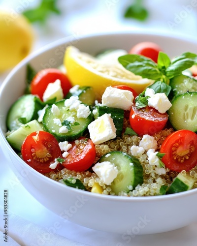 A fresh quinoa salad with cucumbers, tomatoes, lemon, and feta cheese.