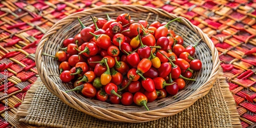 Tiny round hot red chiltepin peppers in a wicker basket on a woven mat in El Salvador