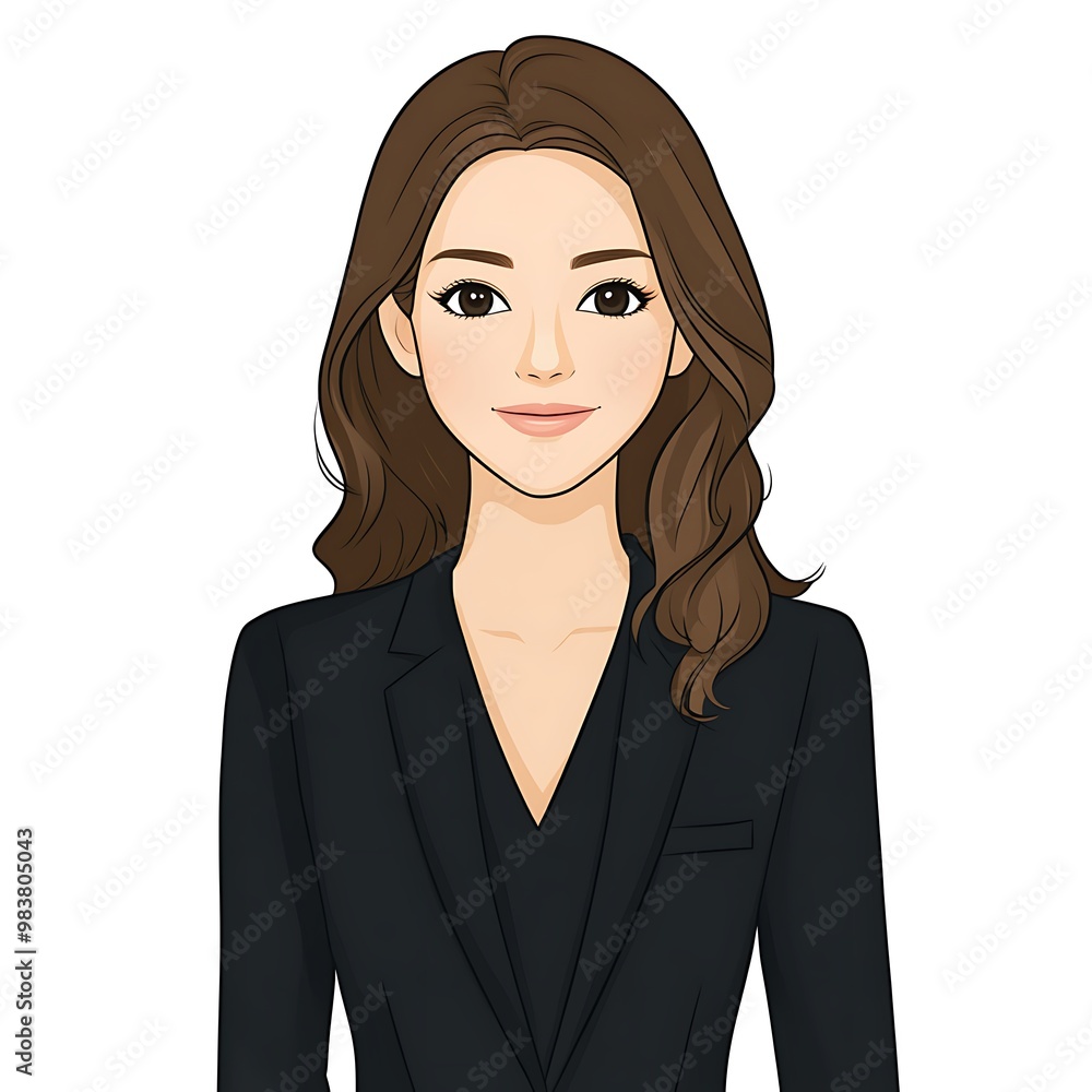 Cartoon illustration of a smiling businesswoman wearing a black suit. Cartoon illustration of a smiling businesswoman wearing a black suit.
