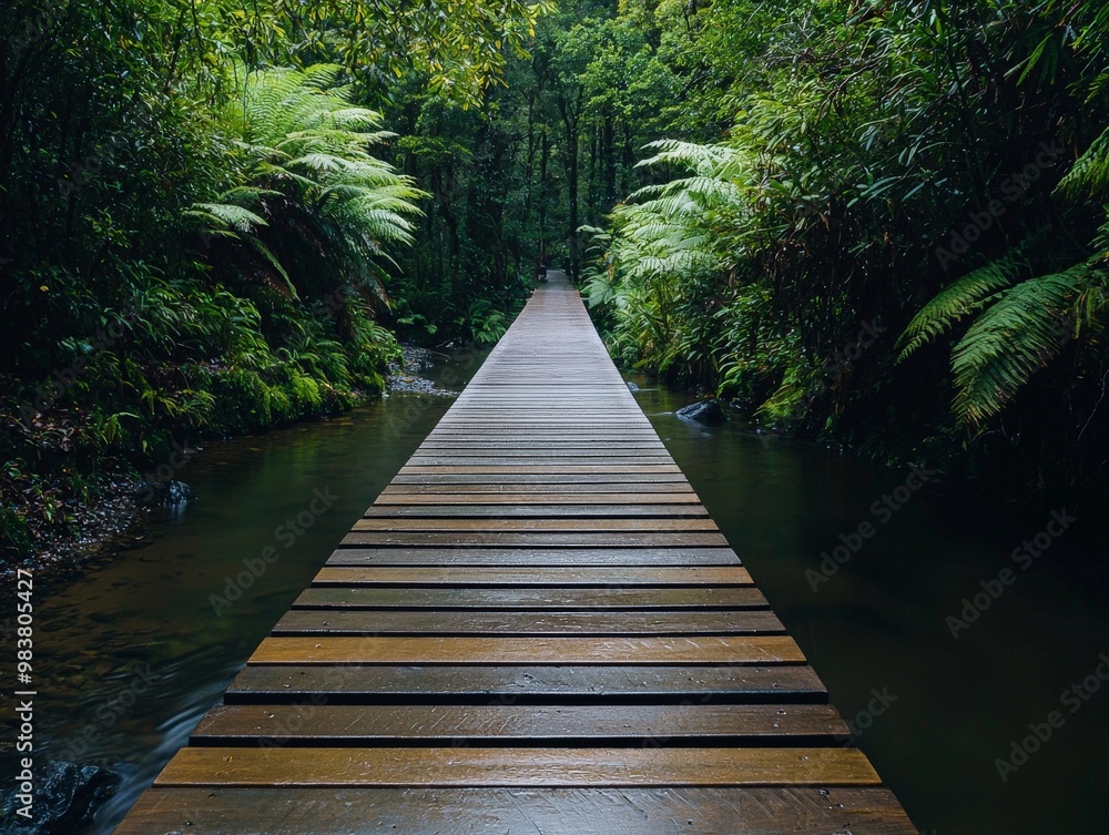 Obraz premium A narrow wooden bridge spanning a tranquil creek, surrounded by dense, lush greenery