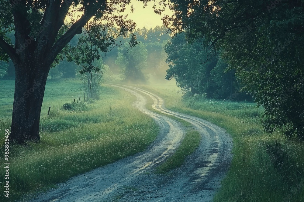 Winding Country Road Through Misty Woods and Lush Fields Winding Country Road Through Misty Woods and Lush Fields