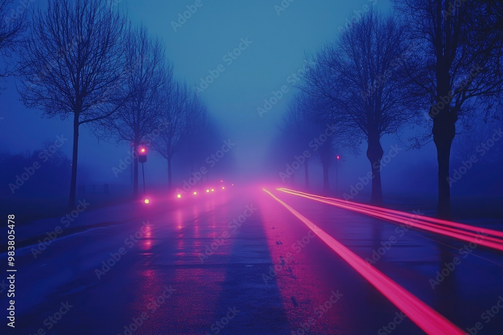 A Foggy Road with Red Lights and Tree Silhouettes A Foggy Road with Red Lights and Tree Silhouettes