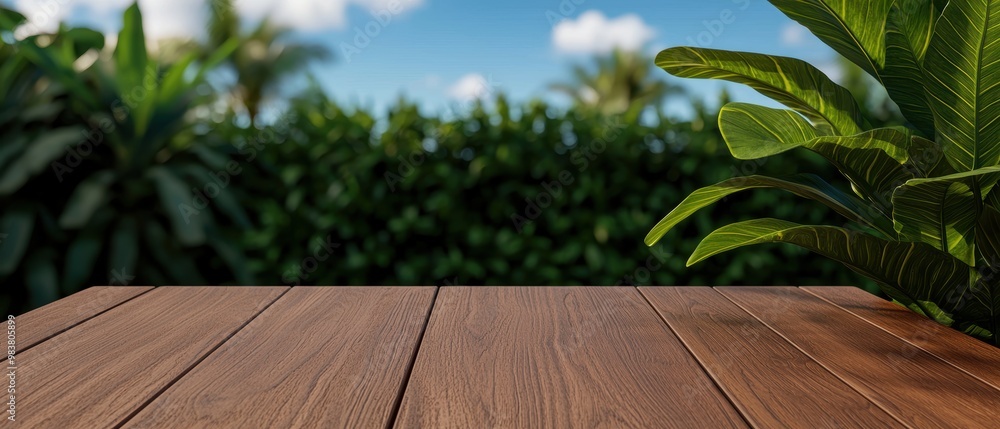 Wooden Table with Lush Greenery in Background Wooden Table with Lush Greenery in Background