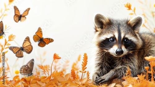 Minimalist background: Cute raccoon illustration with a wild and funny character in nature, perfect for baby animal art.