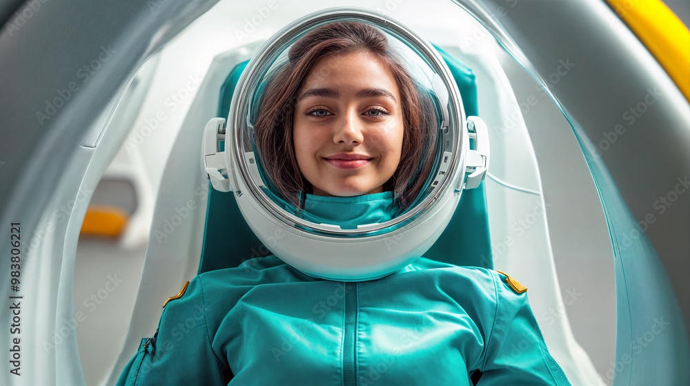 Young woman smiling in futuristic space helmet Young woman smiling in futuristic space helmet