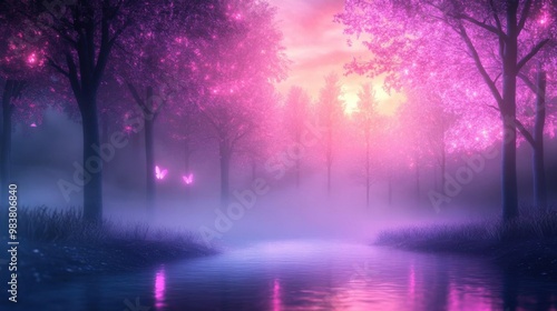 A serene landscape featuring pink trees, a calm river, and soft mist, creating a dreamy and magical atmosphere.