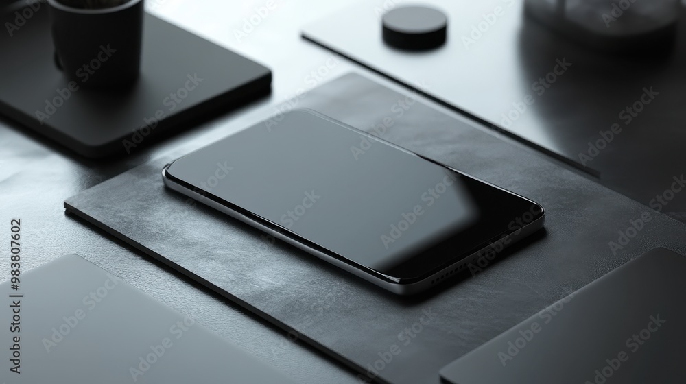 Modern workspace with sleek smartphone and accessories Modern workspace with sleek smartphone and accessories