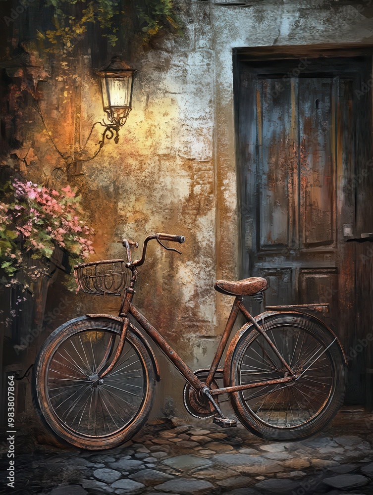 Rustic Bicycle by an Old Door under Lantern Light Rustic Bicycle by an Old Door under Lantern Light