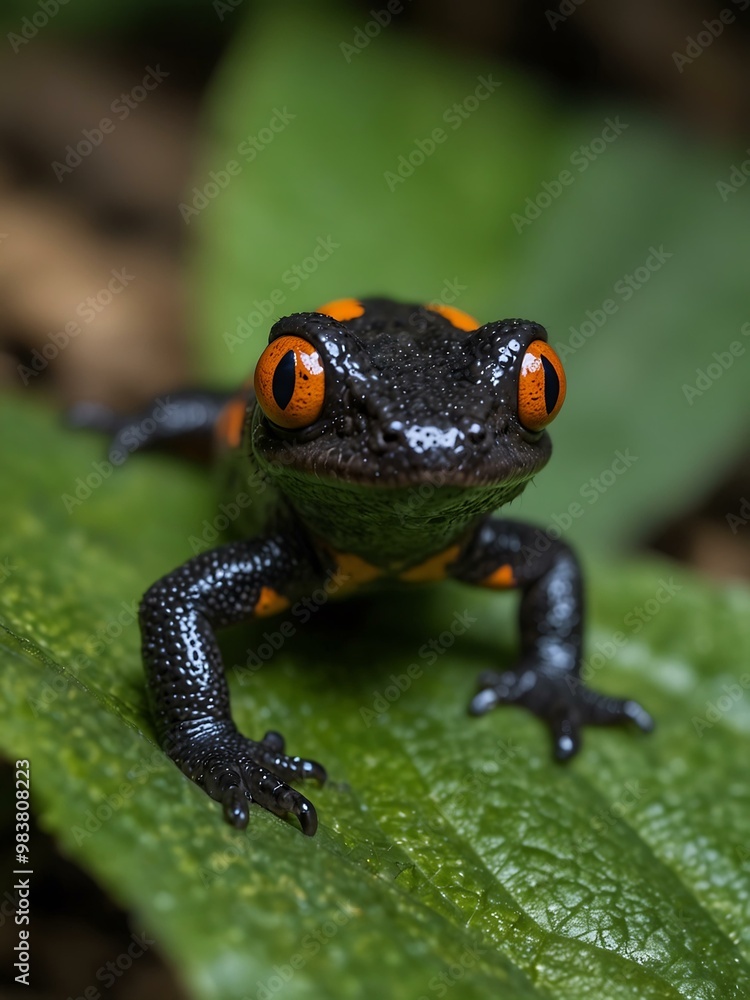 Black and orange salamander with large eyes perched on a green leaf. Black and orange salamander with large eyes perched on a green leaf.