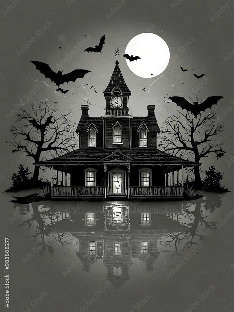 Black and white Halloween illustration with bats and a spider web. Black and white Halloween illustration with bats and a spider web.