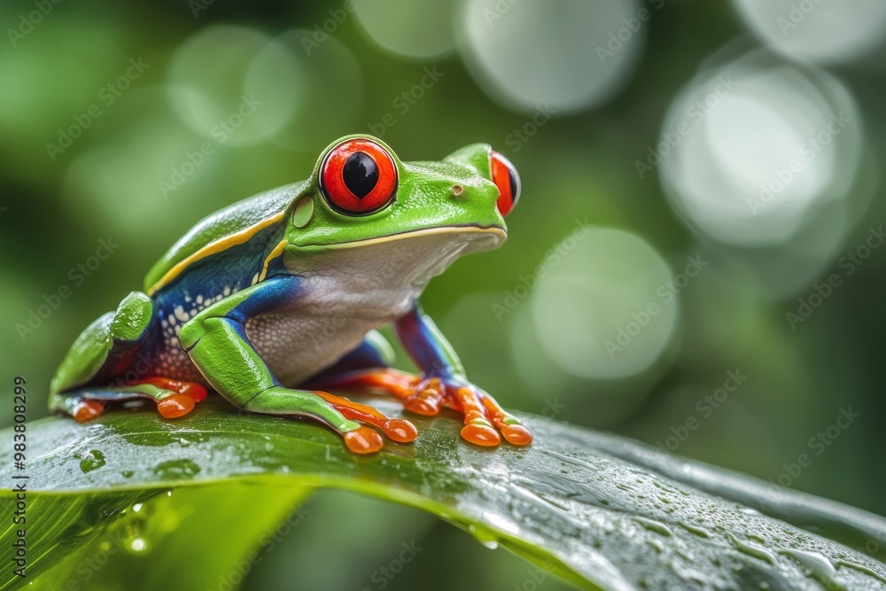 Red-eyed tree frog sitting on a leaf in a rainforest, close-up. Jungle animal concept with vibrant green color and a tropical nature background
Red-eyed tree frog sitting on a leaf in a rainforest, close-up. Jungle animal concept with vibrant green color and a tropical nature background
