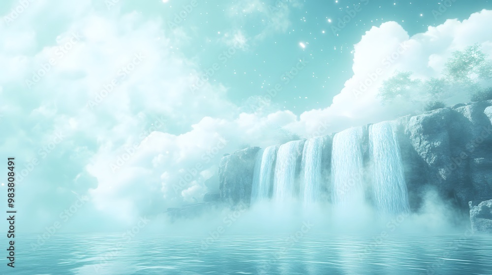A calming minimalist 3D waterfall scene with mist rising into a soft blue sky with clouds and stars twinkling softly like fireflies A calming minimalist 3D waterfall scene with mist rising into a soft blue sky with clouds and stars twinkling softly like fireflies
