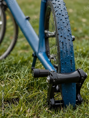 Black bicycle pedal on a blue sports bike, resting in green grass.