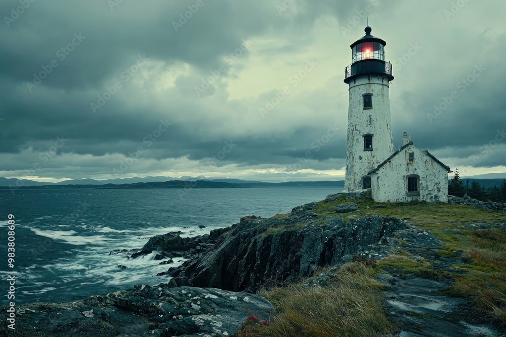 A Lighthouse Stands Tall on a Rocky Coastline Under a Cloudy Sky A Lighthouse Stands Tall on a Rocky Coastline Under a Cloudy Sky
