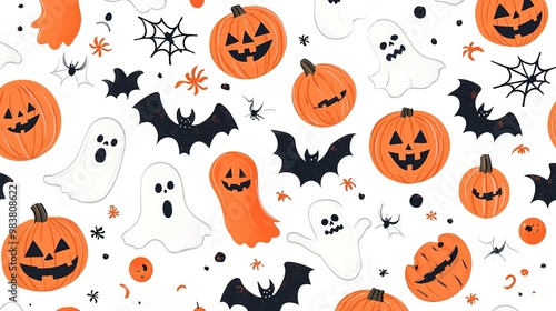 A festive Halloween pattern featuring a vibrant assortment of pumpkins, playful ghosts, eerie skulls, and intricate spider webs, designed with a spooky yet whimsical aesthetic, 