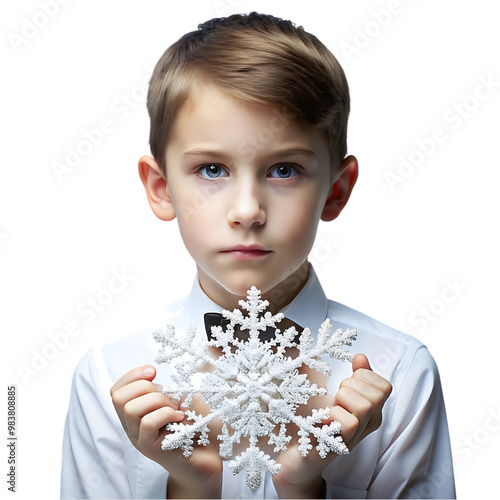 Small cute boy wearing tuxedo with snow flack photo