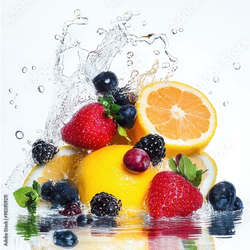 Fresh Fruits Splashing in Water with Berries and Citrus