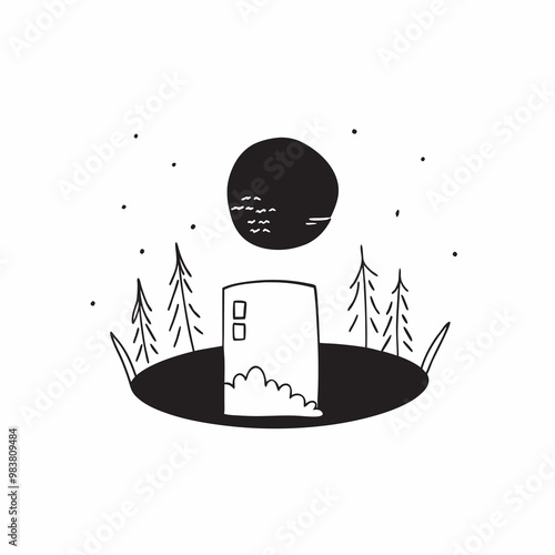 A forest thicket, the edge of a forest, in the middle of a meadow, surrounded by many trees, a tombstone on the lawn, the moon shining brightly