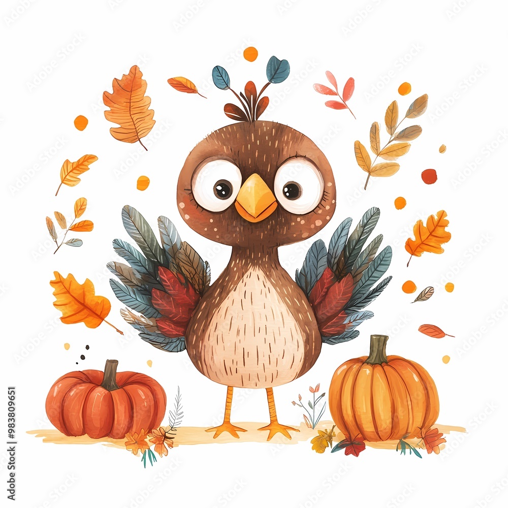 Cute Cartoon Bird with Autumn Leaves and Pumpkins Cute Cartoon Bird with Autumn Leaves and Pumpkins