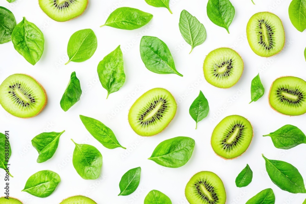 A image of green kiwi slices and green leaves scattered A image of green kiwi slices and green leaves scattered