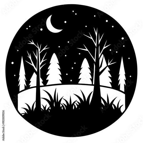 A forest thicket, the edge of a forest, in the middle of a meadow, surrounded by many trees, a tombstone on the lawn, the moon shining brightly