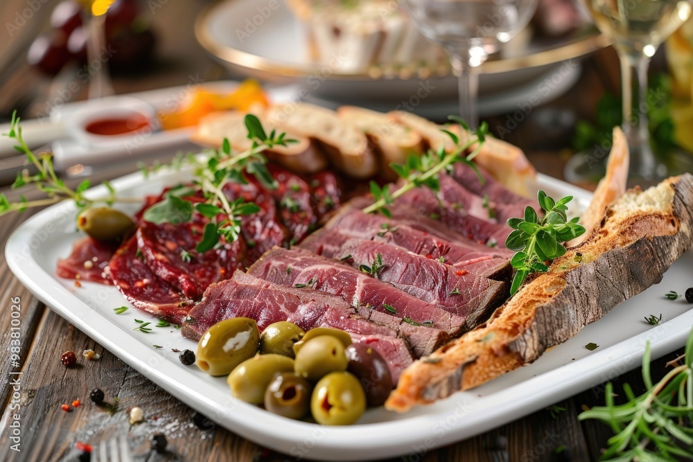A plate of thinly sliced meat, olives, and bread, garnished with fresh herbs. A plate of thinly sliced meat, olives, and bread, garnished with fresh herbs.
