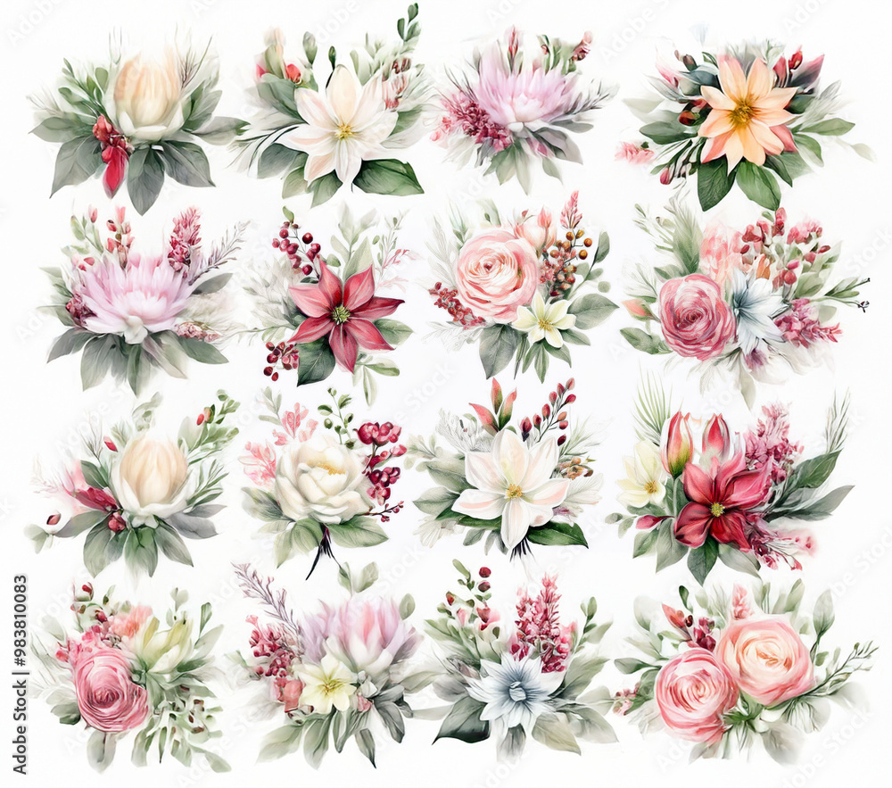Set of different designs of winter flower arrangement bouquet painted in pastel watercolor Set of different designs of winter flower arrangement bouquet painted in pastel watercolor