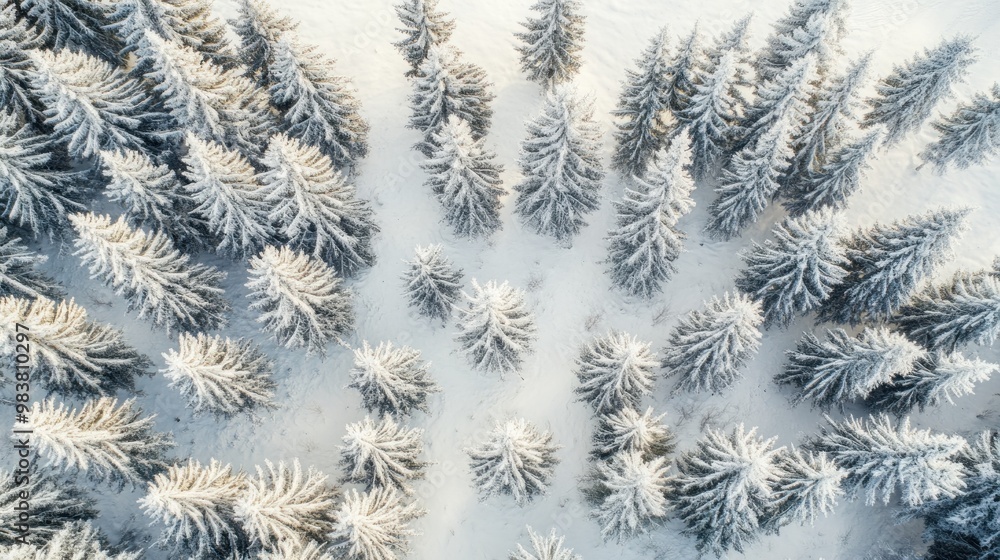 High angle view of a snow-covered pine forest. Trees stand tall and alone against a white canvas. High angle view of a snow-covered pine forest. Trees stand tall and alone against a white canvas.
