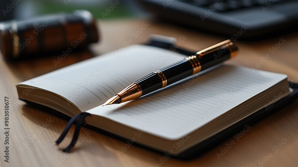 Black ink pen on open blank notebook page, business office school notepad document writing Black ink pen on open blank notebook page, business office school notepad document writing