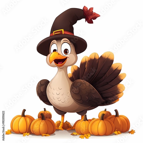 Cute Cartoon Turkey with Pumpkins and Pilgrim Hat photo