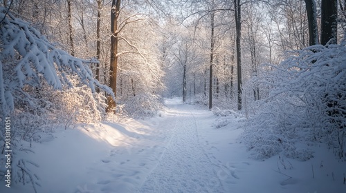 The forest is covered in thick snow. The trees are densely covered and white under the bright sky. A narrow path winds through the forest.