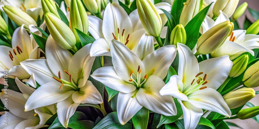White lilies with green foliage and long stems in a close-up arrangement White lilies with green foliage and long stems in a close-up arrangement