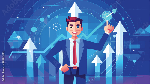 Print Abstract Digital Businessman Hand Holding Rising Arrows in Futuristic Style for Successful Business Growth Strategy Concept Vector Illustration