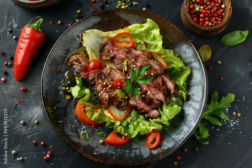 Grilled steak salad with lettuce, tomato, and chili pepper on a black plate. Grilled steak salad with lettuce, tomato, and chili pepper on a black plate.