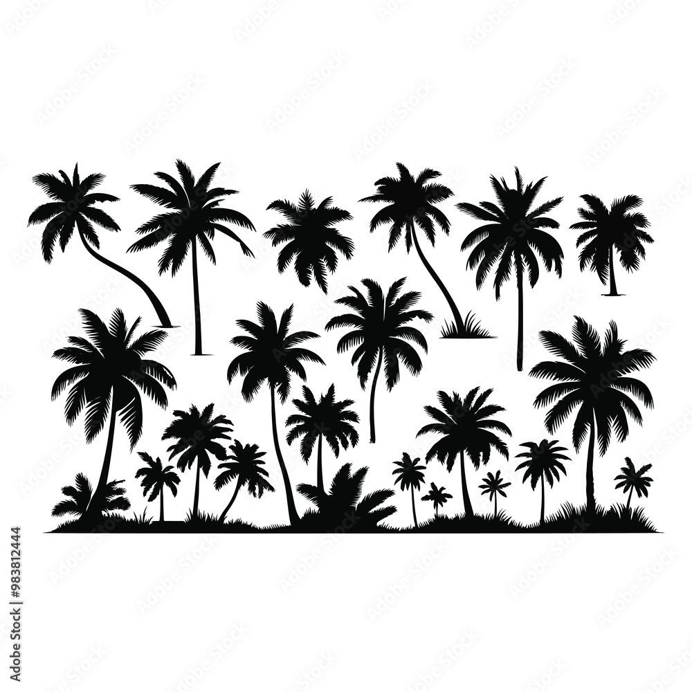 Set of black silhouettes of coconut tree. Black palms tree Set of black silhouettes of coconut tree. Black palms tree