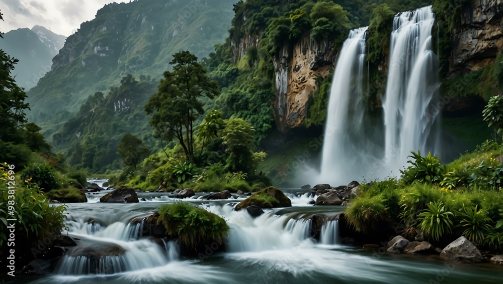 Breathtaking waterfall surrounded by greenery and majestic mountains. Breathtaking waterfall surrounded by greenery and majestic mountains.