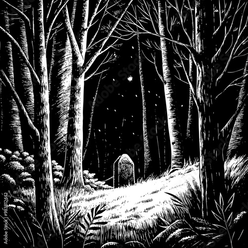 A forest thicket, the edge of a forest, in the middle of a meadow, surrounded by many trees, a tombstone on the lawn, the moon shining brightly