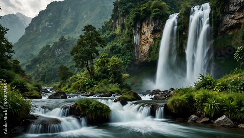Breathtaking waterfall surrounded by greenery and majestic mountains.